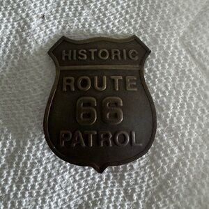 Route 66 Solid Brass Badge, raised lettering, soldered pin, 2.5 x 2 in.